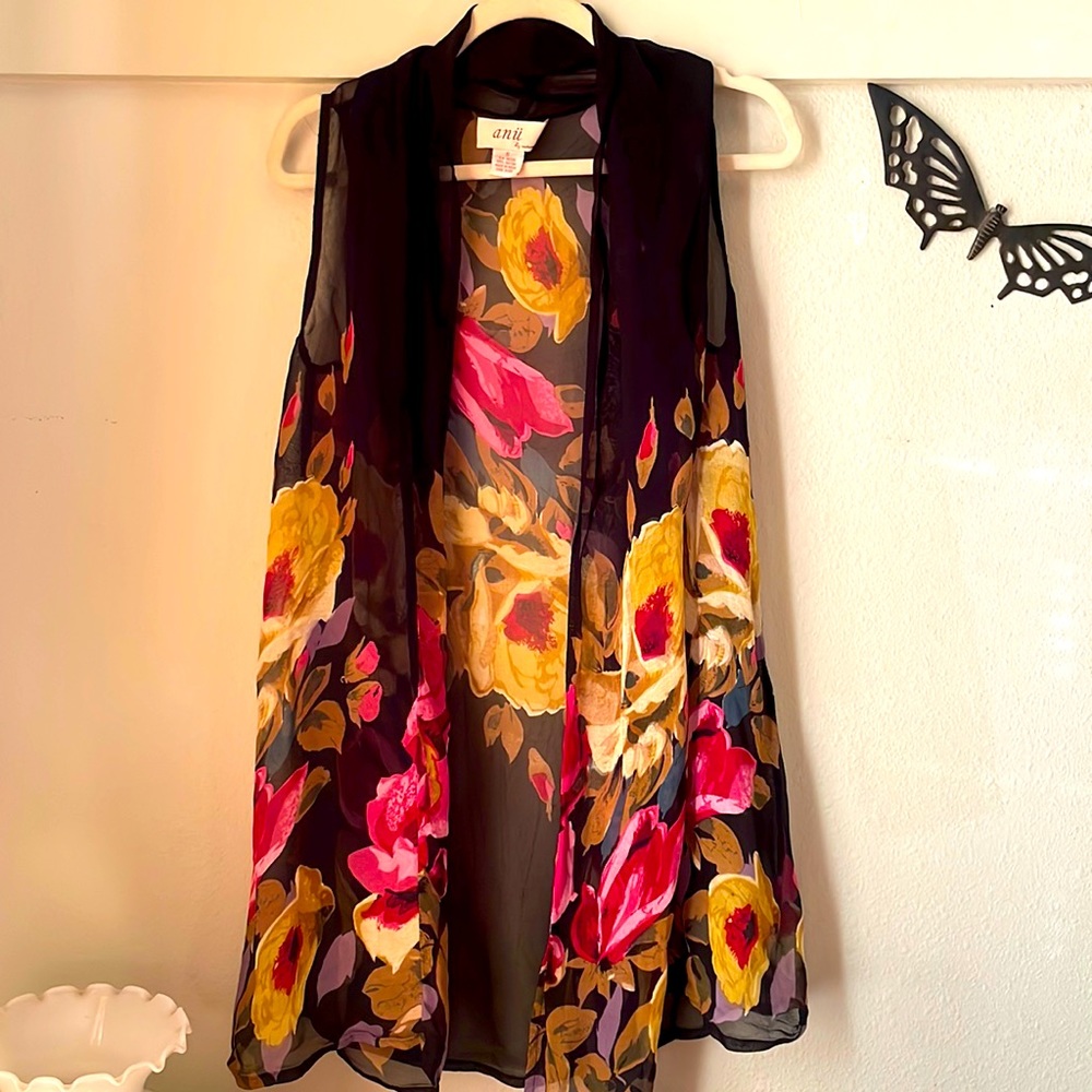 Vintage rayon floral sleeveless open front duster cardigan by Anii by Natural